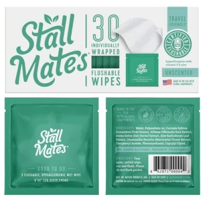 Image of Stall Mates Wipes: Flushable, portable, eco friendly bathroom wipes. (30 individually wrapped wipes)
