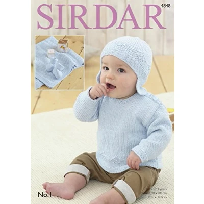 Image of Sirdar 4848 Knitting Pattern Baby Sweater Helmet Bootees and Blanket in No. 1 DK