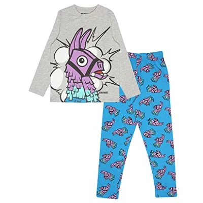 Image of Popgear Boy&#039;s Fortnite Long Pyjama for Boys, Loot Llama Crew Neck T shirt With Pants pajama sets, Blue Heather Grey, 10 11 Years UK
