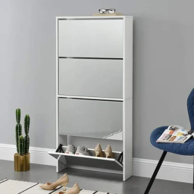 Image of [en.casa] Shoe tipper Vogar cabinet with 4 flaps mirrored chest of drawers for 12 pairs shoes 134 x 63 17 cm storage White