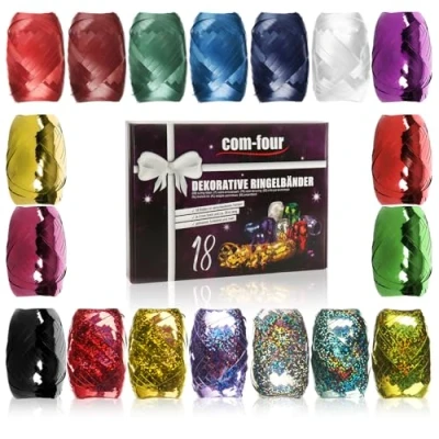 Image of com four® 18x Glitter ring ribbon in bright colors 20 m per roll Great set of gift ribbons for handicrafts and packaging (Festive)