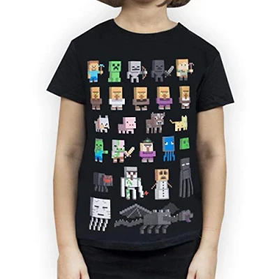 Image of Minecraft Sprites Girl&#039;s Black Short Sleeve T Shirt Kids Gamer Tee 11 12 Years