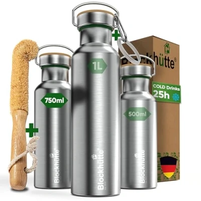 Image of Blockhütte Stainless Steel Water Bottle I 750ml Insulated Metal Flask, BPA Free, Leakproof, Dishwasher Safe, Ideal for Gym, Travel, Cold Drinks, Reusable, with Natural Cleaning Brush