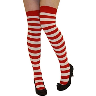 Image of Women Stripe Over The Knee Socks Thigh High Girls Stretchy OTK Fancy Dress (Red &amp; White)