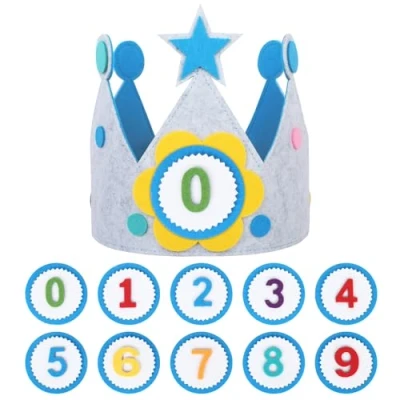 Image of Jiusely Reusable Birthday Felt Hats Crown for Kids, Classic Hat with Adjustable Velcro Gray and Blue Happy Girls Boys Baby Children Aged 1 9