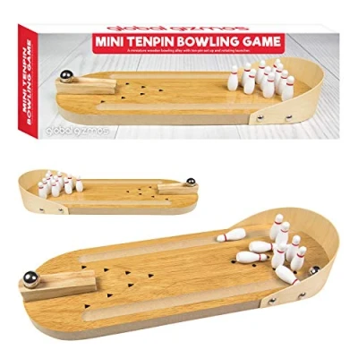 Image of Global Gizmos Classic Mini Table Top Tenpin Bowling Set Fun, Game Wooden Lane Kids, Gift, Office 50150, Light Brown