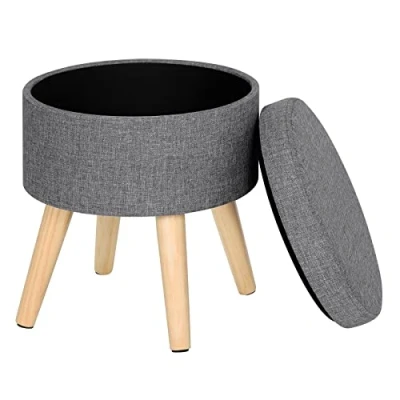 Image of WOLTU Storage Ottoman Chair Stool Light Grey Upholstered Footstool Linen Round Pouffe Multifunction with Removable Cover