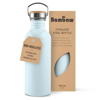Image of Bambaw Stainless Steel Water Bottle 500ml, Light Blue Bottle, Non Insulated Metal Flask, BPA Free Leak Proof Bottles, Reusable Bottles Ice
