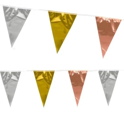 Image of 32ft Metallic Gold Silver &amp; Bronze Bunting 10m Party Banner Decoration Sports Events Hanging Garland Buntings Shiny Triangle Pennants