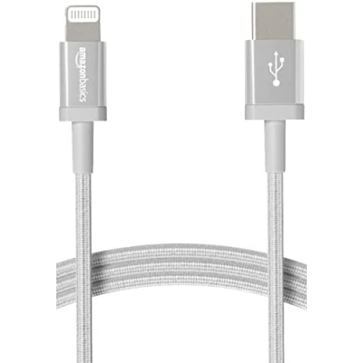Image of Amazon Basics USB C to Lightning Cable, Nylon Braided Cord, MFi Certified Charger for Apple iPhone 14 13 12 11 X Xs Pro, Pro Max, Plus, iPad, 1.8 m, Silver