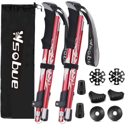 Image of Trekking Pole,Collapsible Walking Hiking Stick for Men Women, Ultralight Aluminum Ski Pole with EVA Grip (Red 2 Pack)