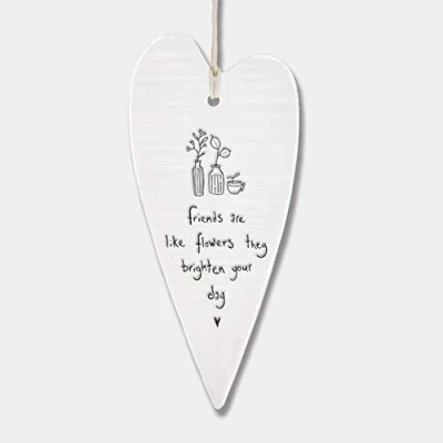 Image of East of India Wobbly White Porcelain Heart Friends are like flowers they brighten your day 13.7 x 6cm