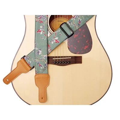 Image of MUSIC FIRST Original Design Vintage Style “Plum Flowers Soft Cotton &amp; Genuine Leather Guitar Strap, Banjo Strap