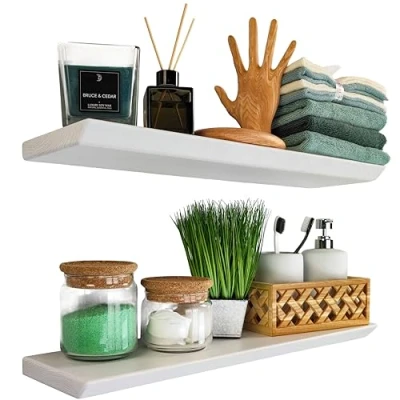 Image of Floating Shelves Set of 2, Hanging Shelf with Invisible Brackets for Bathroom, Bedroom, Toilet, Kitchen, Office, Living Room, Wall Decor Trophies, Bookshelf RusticWhite, 60x16 cm Live Edge