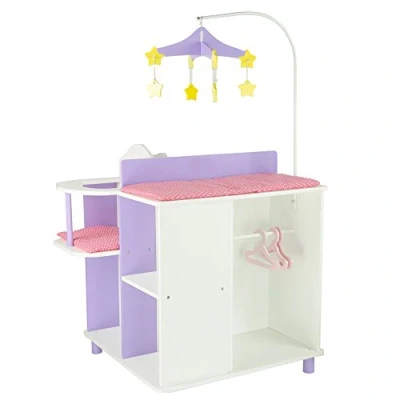 Image of Olivia&#039;s Little World Princess Baby Doll Two Sided Wooden Changing Station with Storage Shelves, Closet, Highchair, Table, and Sink, White Purple Pink accents