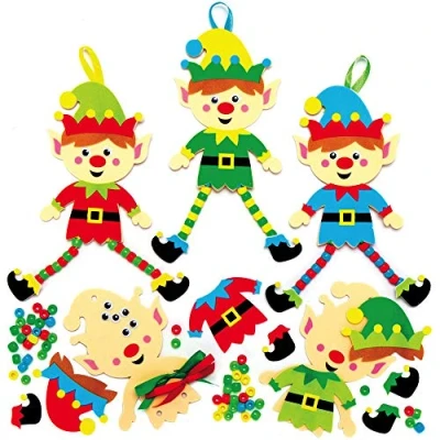 Image of Baker Ross AX398 Christmas Tree Elf Decoration Kits Pack of 5, Creative Xmas Art and Bead Craft Supplies for Kids to Make Decorate,
