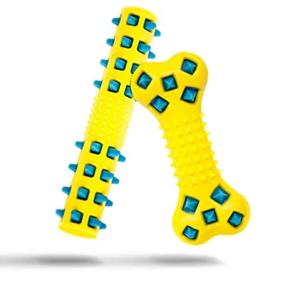 Image of Petopedia 2 X SPIKE Dog Chew Toys for Dogs Bone SQUEAKY Strong Tough Teething DOUBLE LAYERED Interactive Boredom Balls (Yellow (Blue Spike), &amp; Stick)