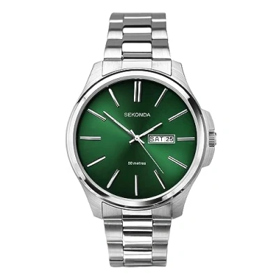 Image of Sekonda Jones Classic Men&#039;s 40mm Quartz Watch in Green with Analogue Day/Date Display, and Silver Stainless Steel Strap 30152