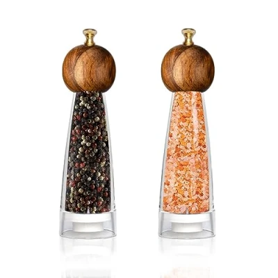 Image of VEIZIBEE Classic Manual Acrylic Transparent Pepper Grinder &amp; Salt Mills 2Pcs 8in，Solid Wood Hand Shaker Rotor ，Ceramic Core with Adjustable Coarse Mill for Fresh Various Spices