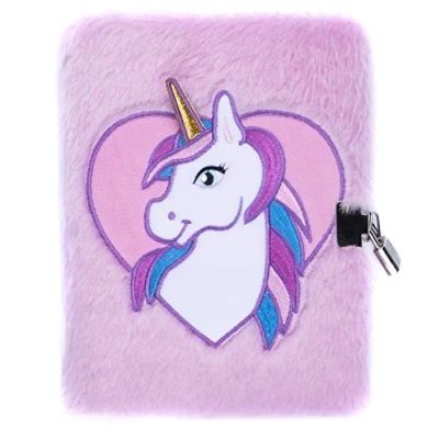 Image of Fringoo® Girls Boys Plush A5 Notebook Diary 3D with Padlock and Bookmark Cute Unicorn Animal Designs 80 Pages (Unicorn Heart)