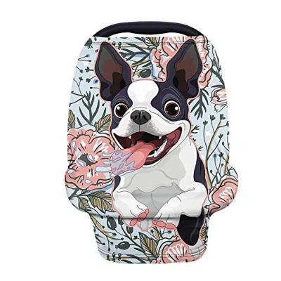 Image of Wanyint Lovely Boston Terrier Flower Car Seat Covers for Babies,Nursing Cover Carseat Canopy,Baby Breastfeeding Cover,Multi Use Nursing Scarf,Infant Stroller