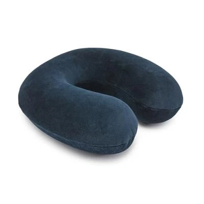 Image of Amazon Basics Memory Foam Travel Neck Pillow with Removable Cover and Elastic Carrying Strap, Navy Blue, Semicircular