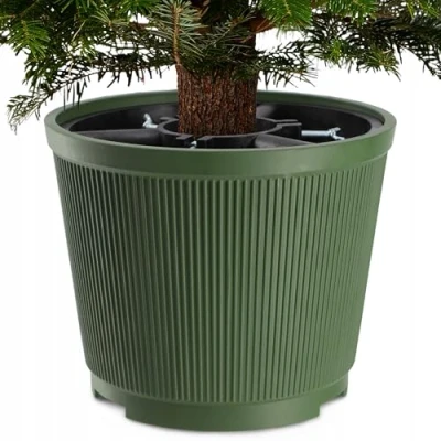 Image of Christmas Tree Stand &amp; Planter Durable Plastic Pot with 3 Heavy Duty Metal Bolts Supports 6ft Trees Convertible to Planter, 31x24cm, Green