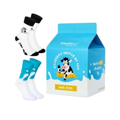 Image of Rainbow Socks Women Men Colourful Funny Milk Novelty with and Cow Pattern Box 2 Pairs Size UK 4 7 EU 36 40