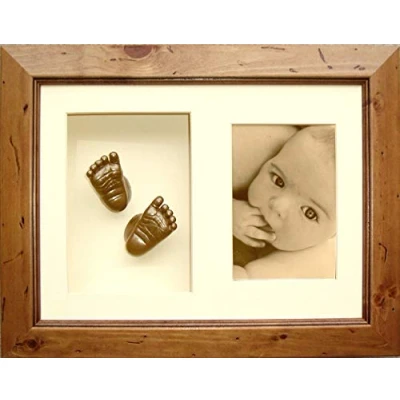 Image of BabyRice 3D Baby Casting Kit with Rustic Wooden Display Frame, Bronze Painted Hand and Foot Casts