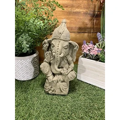 Image of STONE GARDEN SITTING GANESH ELEPHANT GOD BUDDHA STATUE ORNAMENT