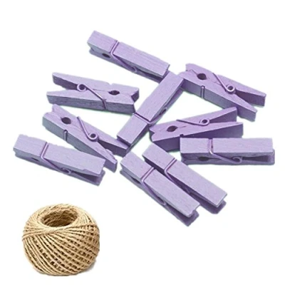 Image of 100 Colored Wooden Mini Pegs Clothespins Craft Photo Clips with 20 meters Jute Twine for Rustic Decoration (Purple)