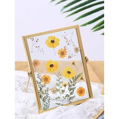 Image of Namvo Dried Flower Embossed Glass Photo Frame, Brass Artwork Certificate Picture Display Frame Geometric Ornament Plant Specimen Clip Pressed (dried flowers not included)