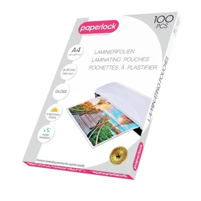 Image of Paperlock Pack of 100 Laminating Pouches A4, 2X 80micron, Gloss Finish Transparent, Packaging May Vary