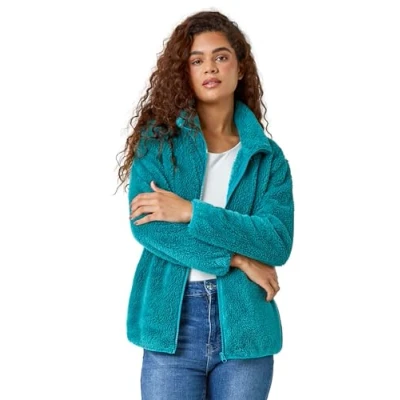 Image of Roman Originals Soft Sherpa Fleece Jacket for Women UK Ladies Autumn Everyday Winter Holiday Pull On Comfy Vacation Work Teddy Coat Jade Size XL