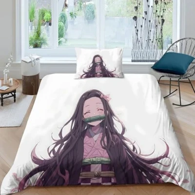 Image of GDEKCIEAS Anime 3D Demon Slayer 2Pcs Bedding Set for Adults,Duvet Cover Microfiber with Zipper,Breathable Quilt Home Bedroom Decor Single（135x200cm）