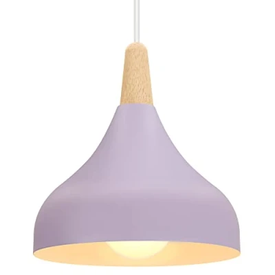 Image of iDEGU Retro Pendant Ceiling Light Modern Drop Style Hat Lampshade E27 Fixture in Metal Wood Lamp for Bedroom, Dining Room, Kitchen, Φ 20 cm (Purple)