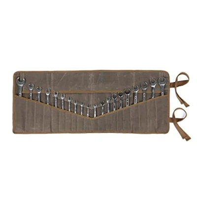Image of Wrench Roll Up Pouch Tool Roll, Heavy Duty Waxed Canvas Bag Organizer With 20+4 Pockets (Brown)