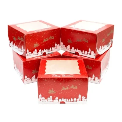 Image of Culpitt Christmas Cake Boxes 5 Pack Red &amp; Gold Display With See Through Window, Strong For The Festive Holidays, Gift, Storage, Protection 250mm x 152mm