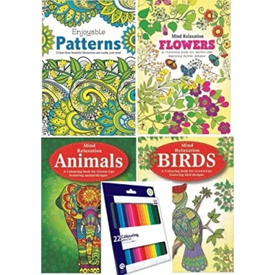 Image of Martello Set of 4 Anti Stress Adults Relaxing Art Therapy Colouring Book with 48 Designs per Also Includes 22 Pack Premium Pencils