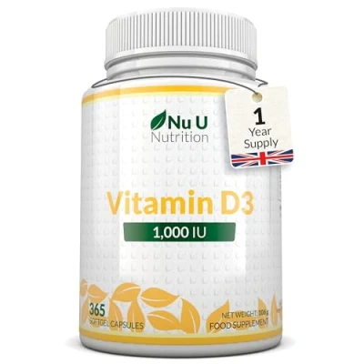 Image of Vitamin D 1000iu 365 Softgels Capsules 1 a Day Year Supply High Strength Supplement Cholecalciferol VIT D3 Made in The UK Nu U Nutrition