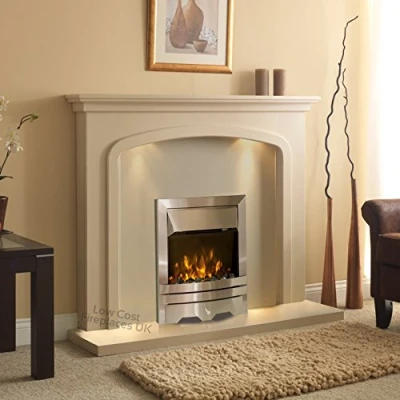 Image of Electric Cream Beige Stone Effect Silver Coal Pebble 2KW Flame Fire Wall Surround LED Fireplace Big Suite Lights Downlights Large 54&quot;