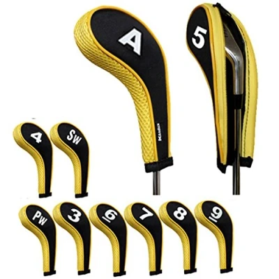 Image of Andux 10pcs/set Number Print Golf Iron Club Head Covers with Zipper Long Neck Black/yellow
