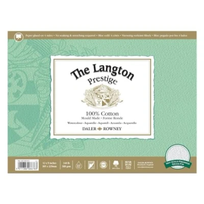 Image of Daler Rowney The Langton Prestige Watercolour Paper, Cold Pressed, 300 gsm, 140lb, Pad, Glued 4 Sides, 12 x 9in 30.5 22.9 cm, Natural White, Sheets