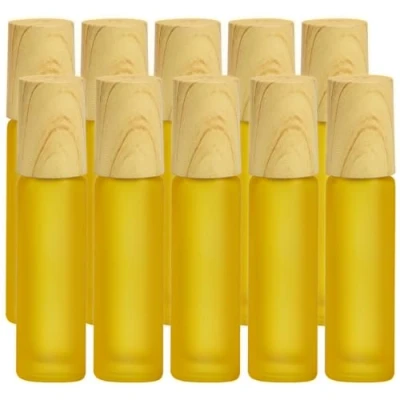 Image of Frosted Glass Essential Oil Roller Bottles, 10pcs Yellow Bottles with wood grain cap &amp; Stainless Steel Balls Oil, 10ml Empty Perfume Bottles(Yellow)