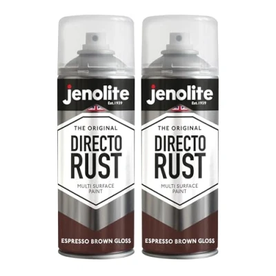 Image of JENOLITE Directorust Gloss Spray Paint ESPRESSO BROWN 2 x 400ml Direct To Rust For Metal Multi Surface Wood, Metal, Plastic, Ceramic 8017