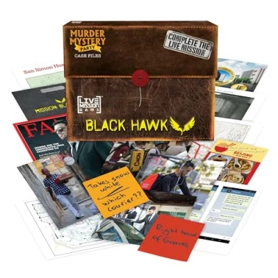 Image of Murder Mystery Party Mission Black Hawk Live Case File from University Games, Use Whatsapp or Telegram Apps to Control Field Agents, Stop The Cartel and Divert Funds, Real Time Bank Heist