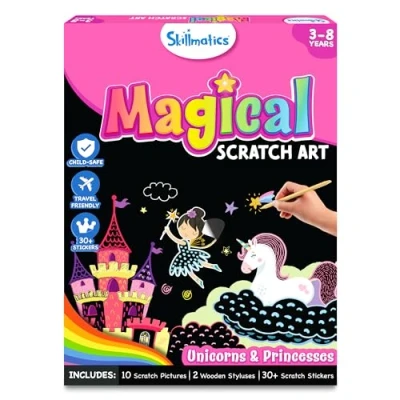 Image of Skillmatics Magical Scratch Art Book for Kids Unicorns &amp; Princesses, Stocking Stuffers, Craft Kits, DIY Activity Stickers, Christmas Gifts Toddlers, Girls Boys Ages 3, 4, 5, 6, 7, 8