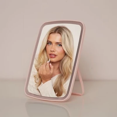 Image of raxter Lighted Makeup Mirror with 16 LED Lights Touch Screen Magnifying Tabletop Vanity Portable Light Up Cosmetic Dressing Table Adjustable Shaving for Travel (PINK