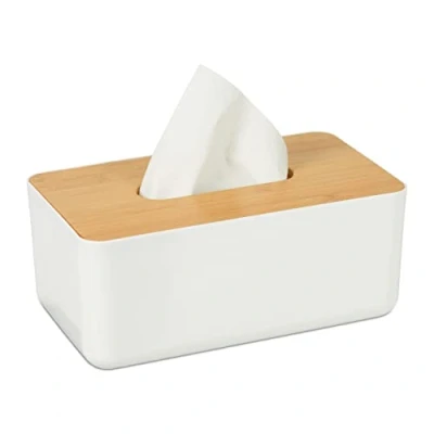 Image of Relaxdays Tissue Box Cover with Bamboo Top, Baby Wipe Dispenser, Kitchen Napkin Holder, Bathroom, 10 x 23 13 cm, PP, White Brown, 1 Item