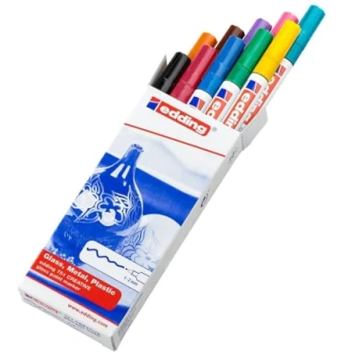 Image of edding 751 gloss paint marker multi coloured set of 10 markers round nib 1 2 mm pen for glass, pebbles, wood, plastic, paper waterproof, high coverage